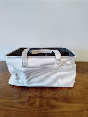Tate+Zoey Canvas Utility Storage Tote - White with Grey Pinstripes